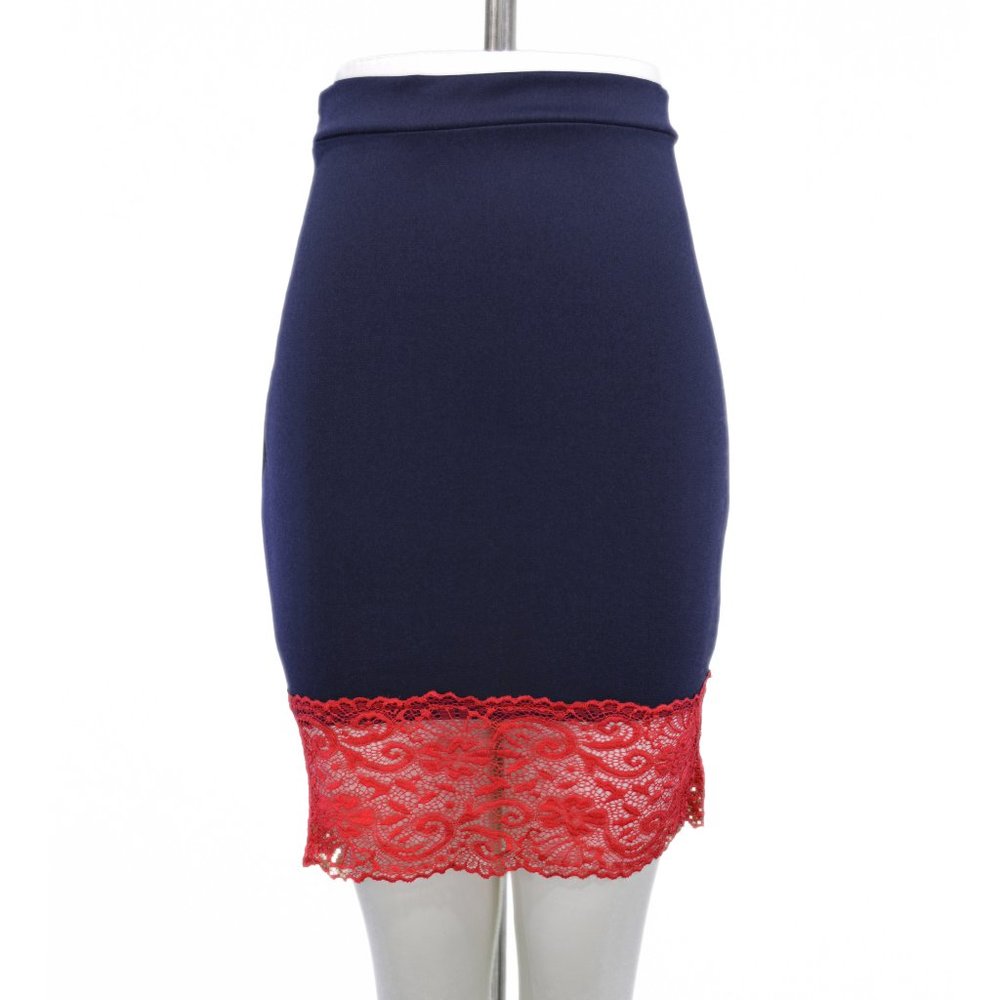 Navy & Red Lace Pencil Skirt (XS)